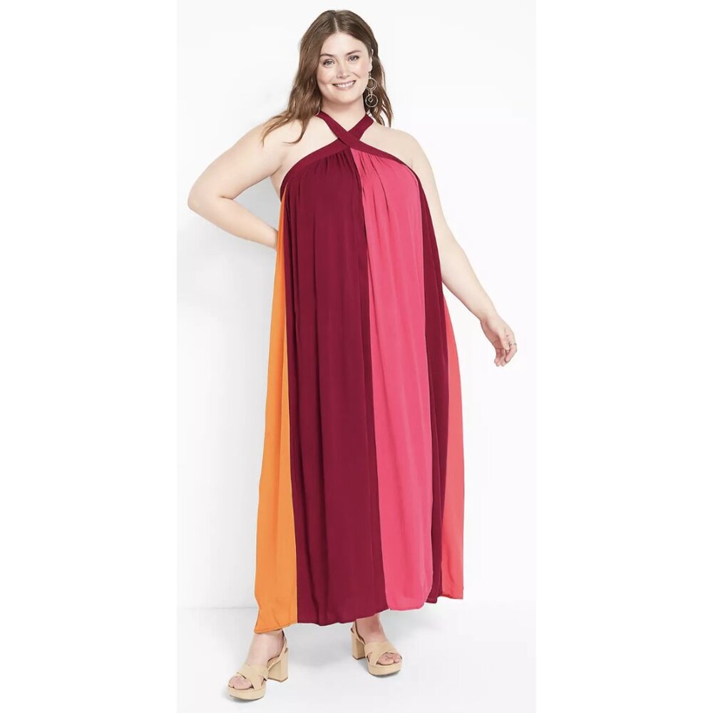 LANE BRYANT Halter Colorblock Maxi Dress in Anemone Bright Stretch 26-28 NWT